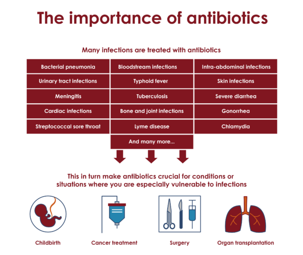 The importance of antibiotics in treating infections. Antibiotics are crucial in situations where individuals are especially vulnerable to infections, such as childbirth, cancer treatment, surgery, and organ transplantation.