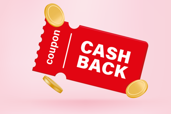 A red coupon with the words cash back on.